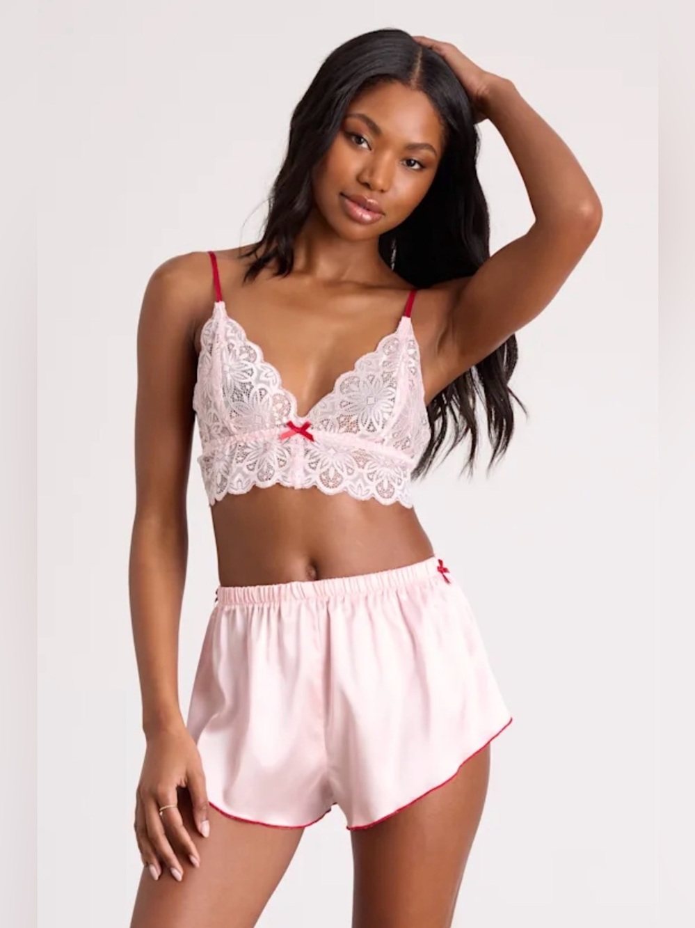 NWT Lace Bralette and Short Pajama Set - Pink with Red Trim - Large